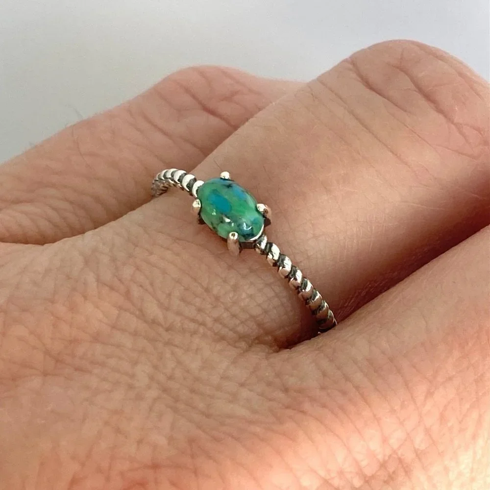 Sterling Silver 925 Minimalist Prong Set Turquoise Twisted Rope Band Ring Sz 6
